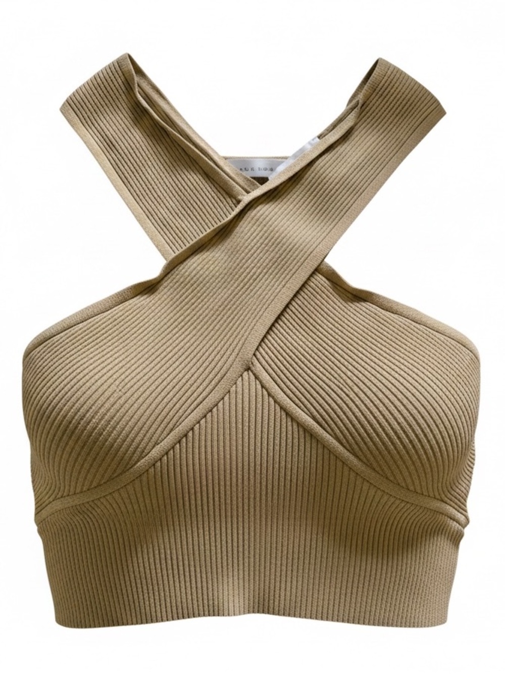 House of Harlow 1960 Ribbed Cross-Front Crop Top in Beige-Tan